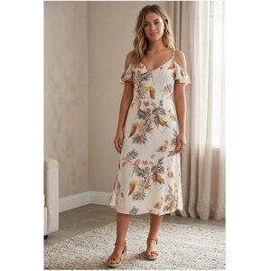 Cotton On Kentucky Derby Floral Cold Shoulder Ruffle Dress Ivory Pink Size M